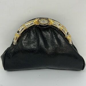 Le Ann Black Lizard Rhinestones Crystal Frame Evening Bag Art Deco Clutch Bag